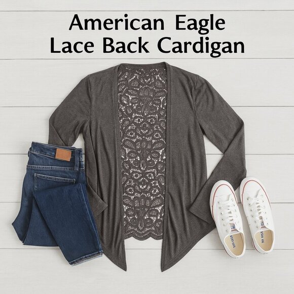 American Eagle Lace Back Open‑Front Gray Cardigan Women’s L Cotton Blend - Picture 1 of 14